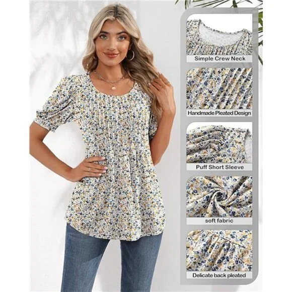 Women's Puff Short Sleeve Tunic Tops Pleated Crew Neck Blouses Casual Loose - Picture 3 of 7